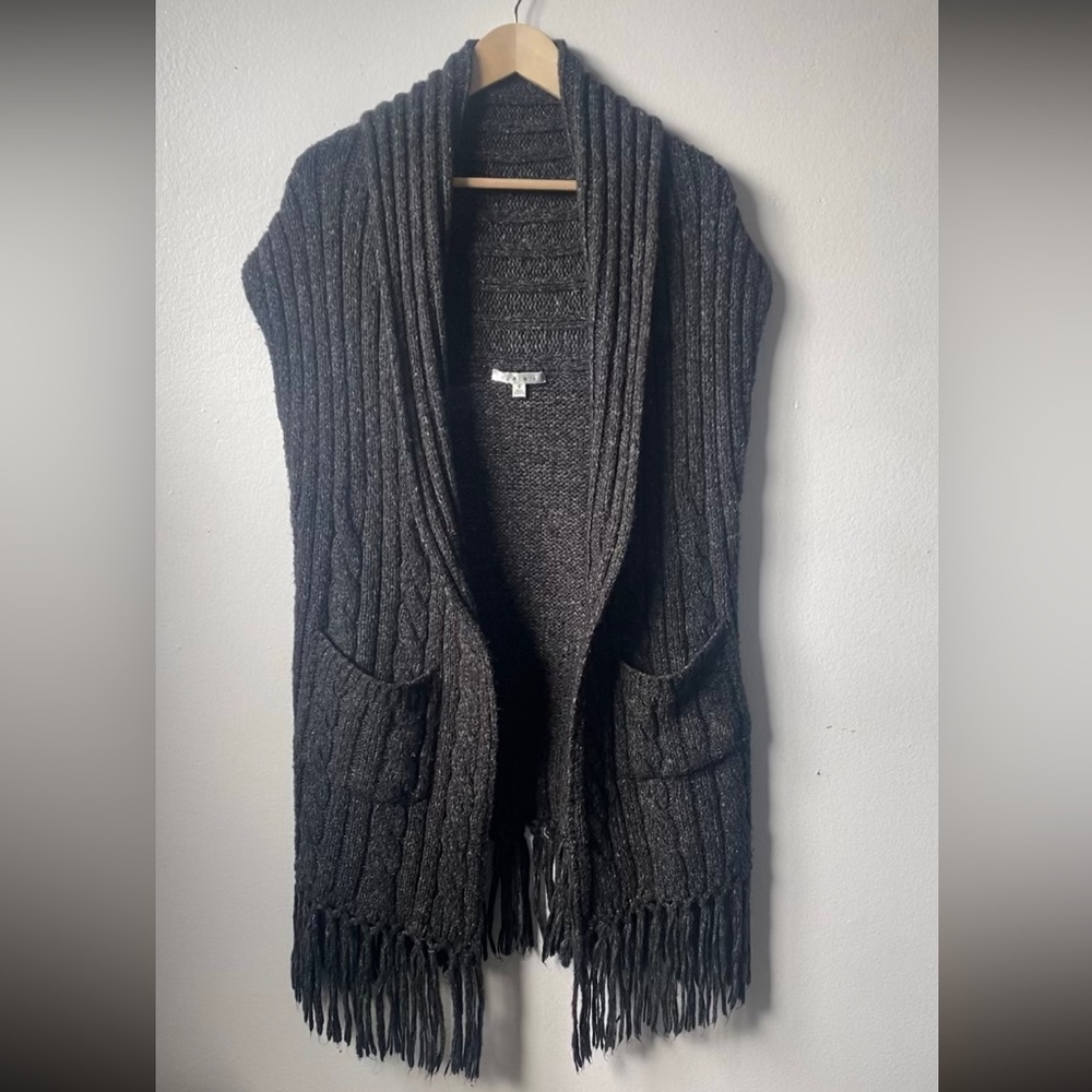 CAbi Sweater Vest Cardigan Long Cable Knit Fringe Pockets Dark Gray Small